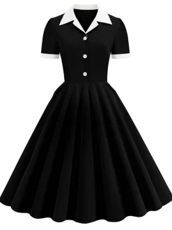 Online Retro Stage 1950s Shirt Collar White Buttons Swing Dress