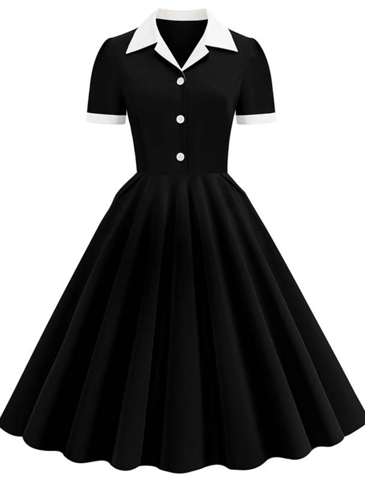 Online Retro Stage 1950s Shirt Collar White Buttons Swing Dress