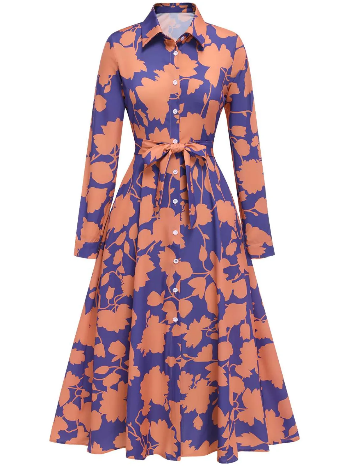 Discount Retro Stage 1940s Shirt Neck Floral Belted Dress Purple