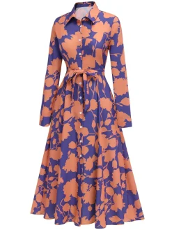 Discount Retro Stage 1940s Shirt Neck Floral Belted Dress Purple