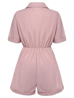 Sale Retro Stage 1950s Shirt Neck Lace-Up Solid Romper