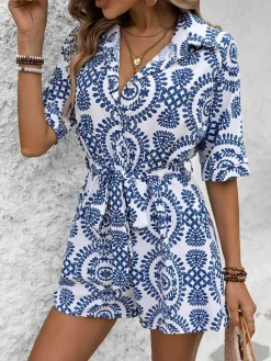 Sale Retro Stage 1950s Shirt Neck Print Belted Romper