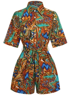 Sale Retro Stage 1950s Shirt Neck Print Belted Romper