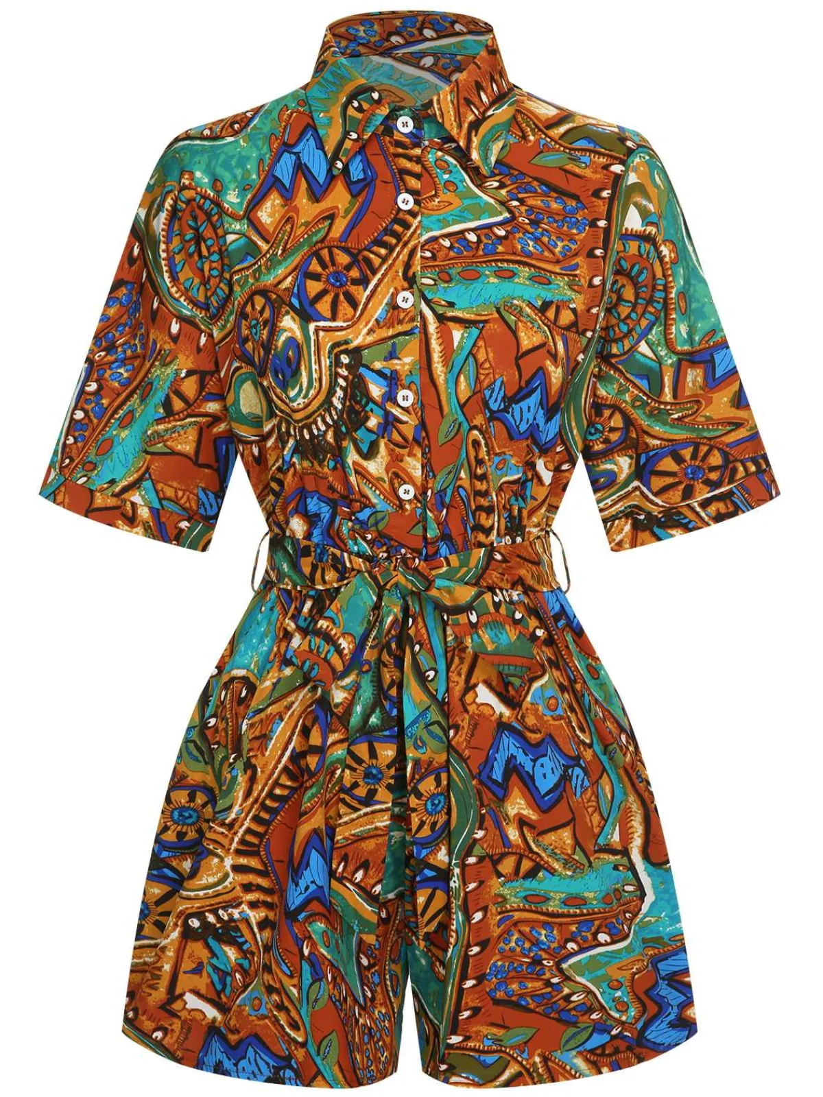 Sale Retro Stage 1950s Shirt Neck Print Belted Romper