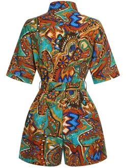 Sale Retro Stage 1950s Shirt Neck Print Belted Romper