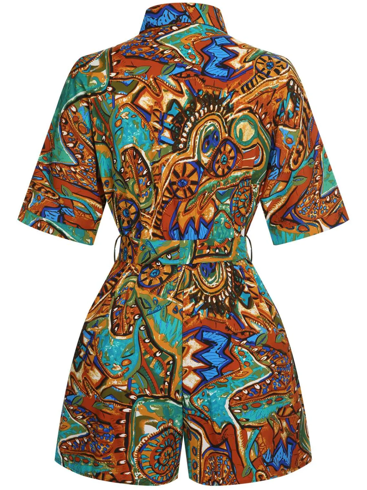 Sale Retro Stage 1950s Shirt Neck Print Belted Romper