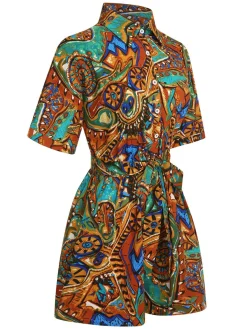Sale Retro Stage 1950s Shirt Neck Print Belted Romper