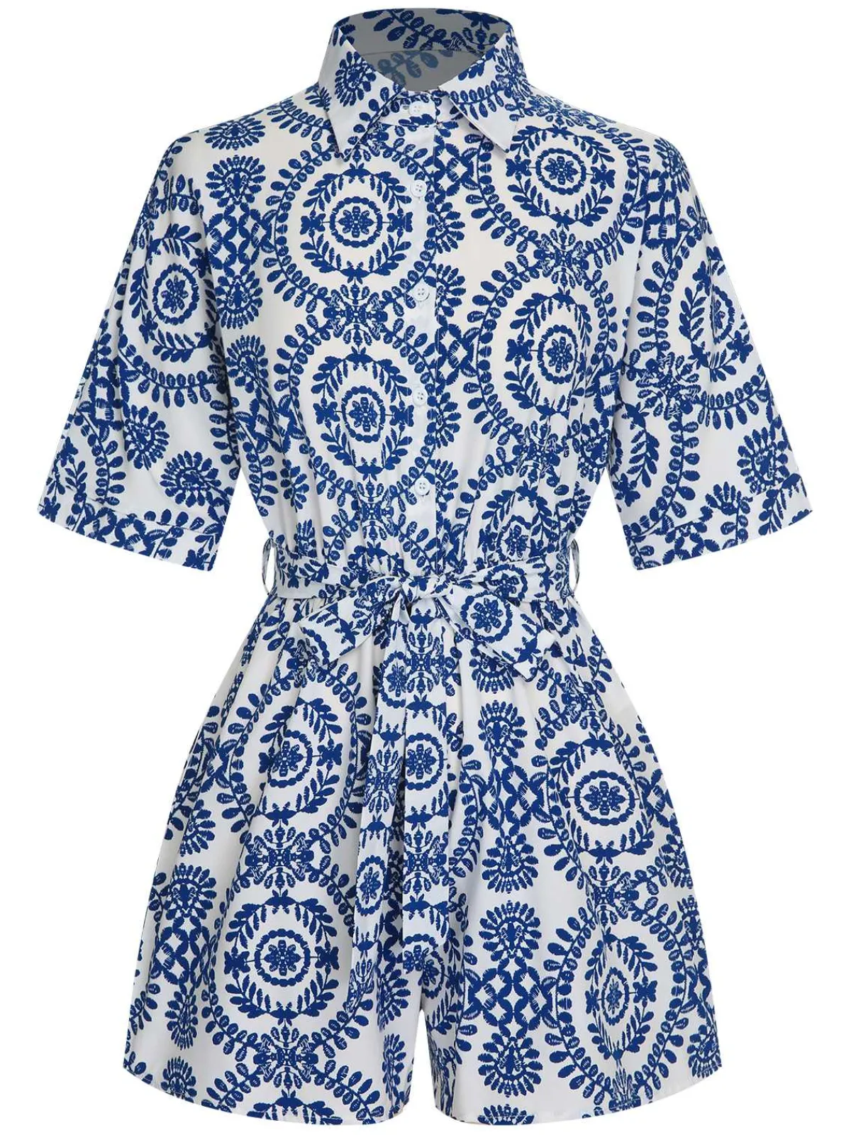 Sale Retro Stage 1950s Shirt Neck Print Belted Romper