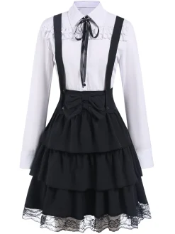 Best Retro Stage 1950S Shirt Neck Suspender Patchwork Layered Dress Black