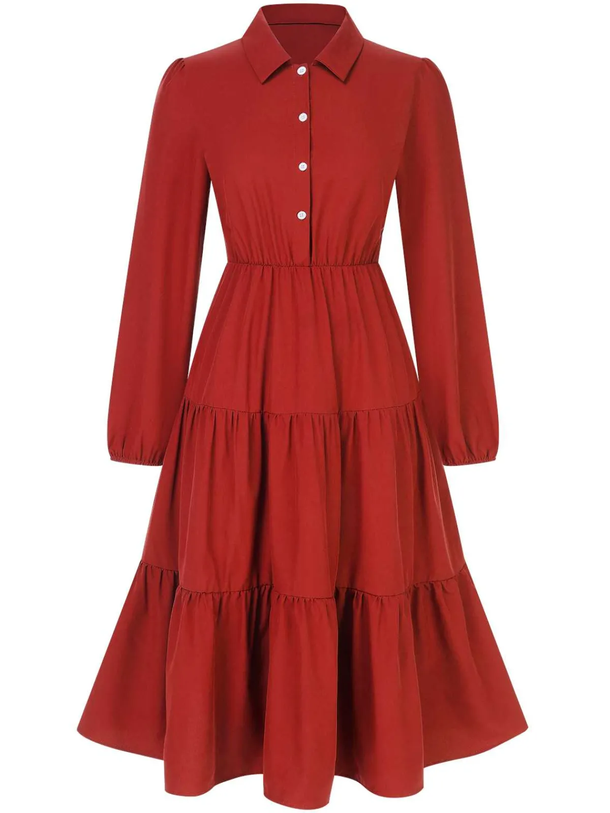 Clearance Retro Stage 1950s Shirt Neck Tiered Solid Midi Dress