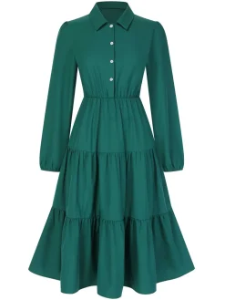 Clearance Retro Stage 1950s Shirt Neck Tiered Solid Midi Dress