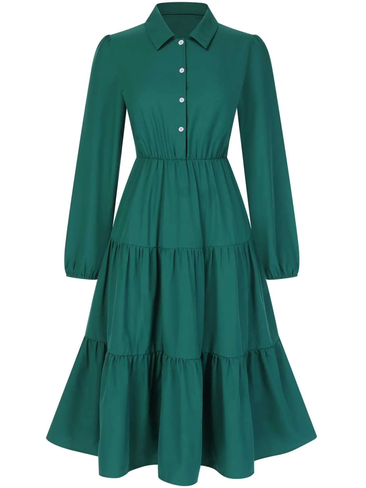 Clearance Retro Stage 1950s Shirt Neck Tiered Solid Midi Dress