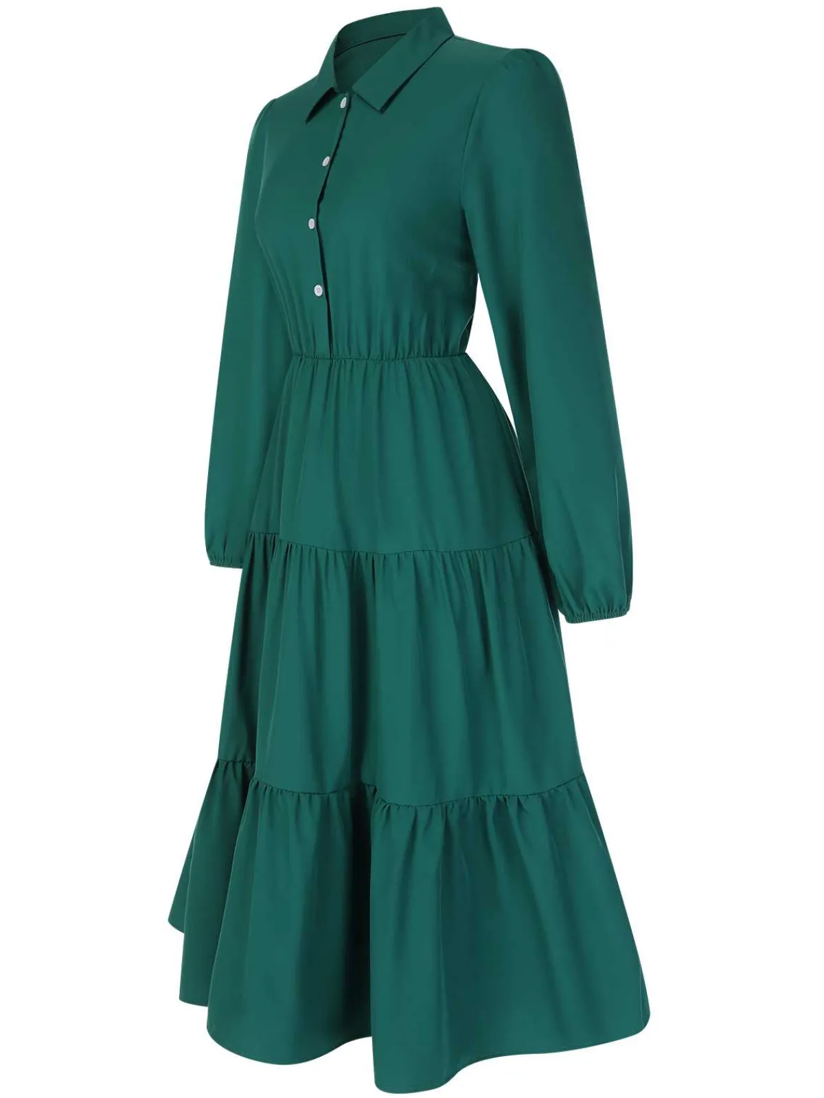 Clearance Retro Stage 1950s Shirt Neck Tiered Solid Midi Dress