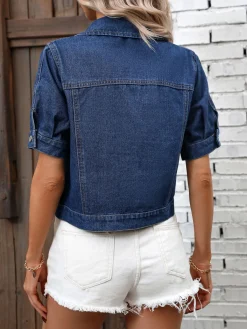 Fashion Retro Stage 1970s Short Vintage Denim Jacket Dark Blue