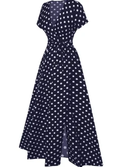 Outlet Retro Stage 1930s Side Slit Deep V-Neck Polka Dots Dress