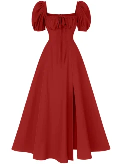 Hot Retro Stage 1940s Side Slit Puff Sleeve Square Neck Dress