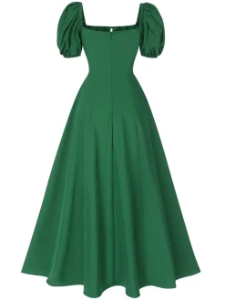 Hot Retro Stage 1940s Side Slit Puff Sleeve Square Neck Dress