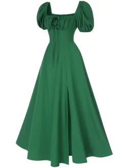Hot Retro Stage 1940s Side Slit Puff Sleeve Square Neck Dress