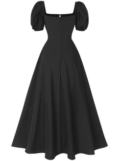 Hot Retro Stage 1940s Side Slit Puff Sleeve Square Neck Dress
