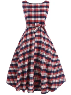 Best Retro Stage 1950s Sleeveless Plaid Belted Swing Dress