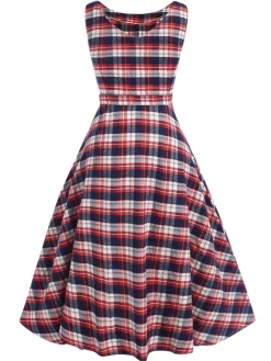 Best Retro Stage 1950s Sleeveless Plaid Belted Swing Dress