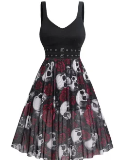 New Retro Stage 1950s Slip Halloween Skull Rose Dress Black