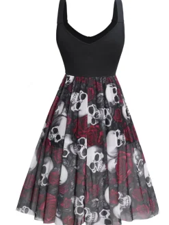New Retro Stage 1950s Slip Halloween Skull Rose Dress Black