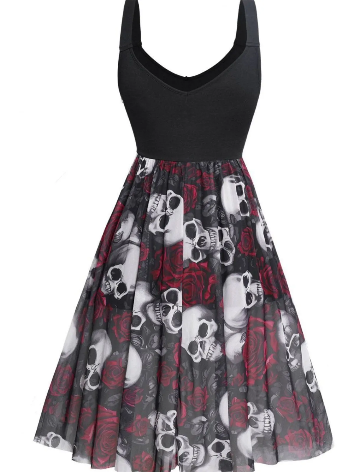 New Retro Stage 1950s Slip Halloween Skull Rose Dress Black