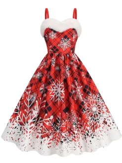 Discount Retro Stage 1950s Snowflake Fur Collar Christmas Dress