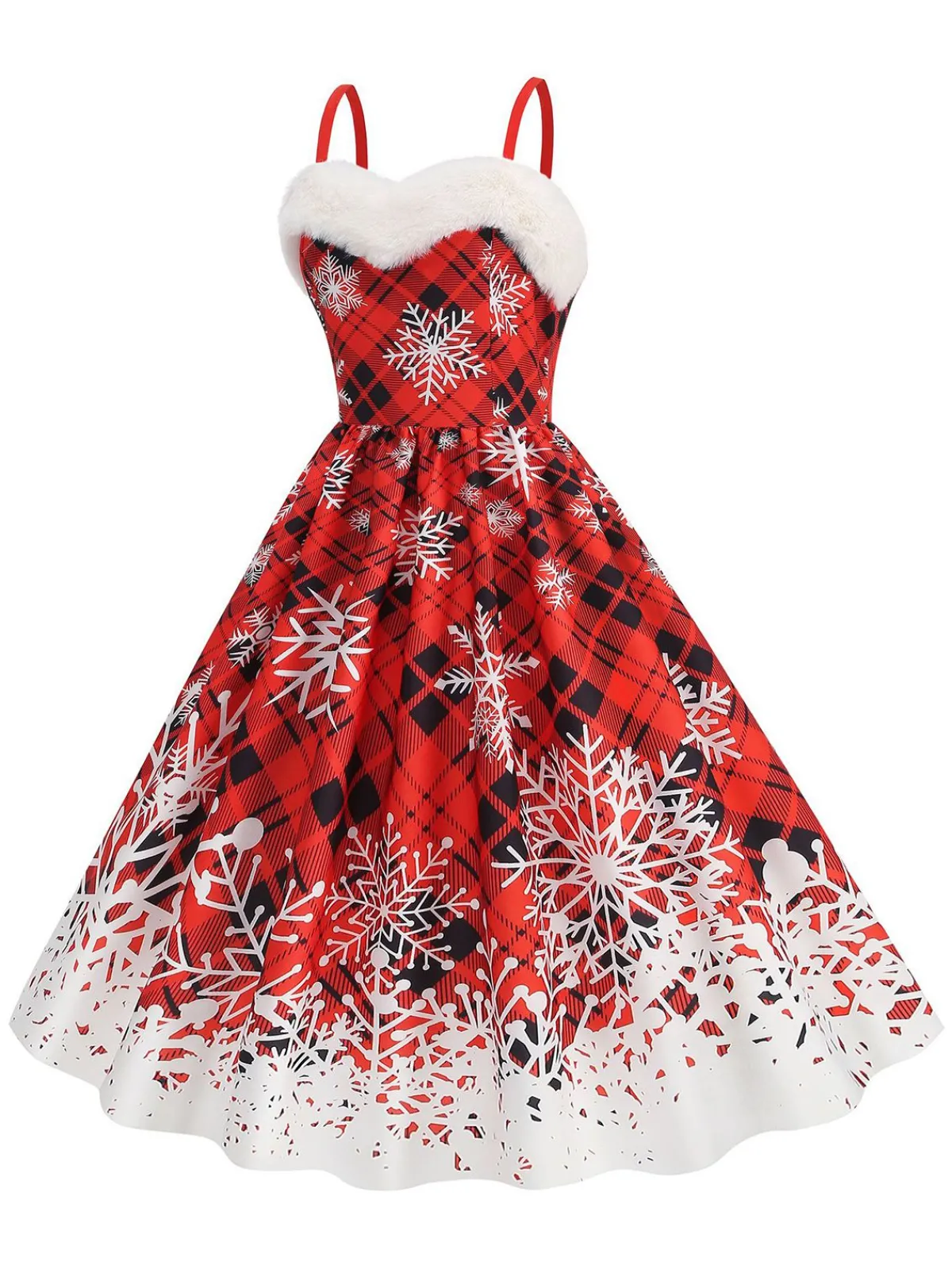 Discount Retro Stage 1950s Snowflake Fur Collar Christmas Dress