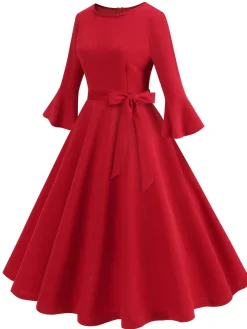 Discount Retro Stage 1950s Solid Bell Sleeves Swing Dress