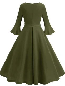 Discount Retro Stage 1950s Solid Bell Sleeves Swing Dress