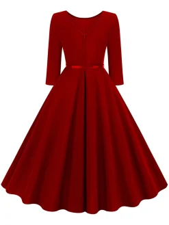 Online Retro Stage 1950s Solid Belted Swing Dress