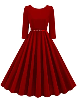 Online Retro Stage 1950s Solid Belted Swing Dress