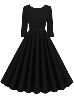 Online Retro Stage 1950s Solid Belted Swing Dress