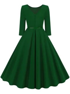 Online Retro Stage 1950s Solid Belted Swing Dress
