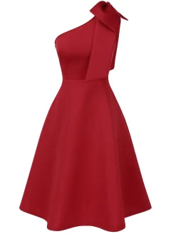 New Retro Stage 1950s Solid Big Bow One-Shoulder Dress