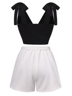 Clearance Retro Stage 1960s Solid Shoulder Tie Top & White Belted Shorts Black