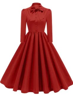 Fashion Retro Stage 1950s Solid Bow Collar Buttoned Swing Dress