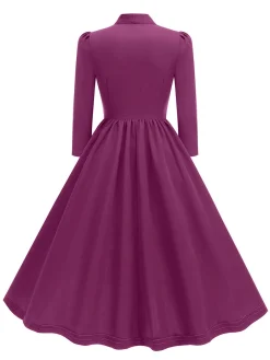Fashion Retro Stage 1950s Solid Bow Collar Buttoned Swing Dress