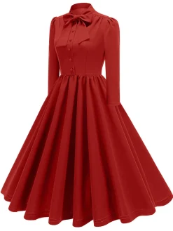Fashion Retro Stage 1950s Solid Bow Collar Buttoned Swing Dress