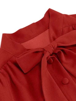 Fashion Retro Stage 1950s Solid Bow Collar Buttoned Swing Dress