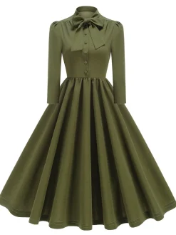 Fashion Retro Stage 1950s Solid Bow Collar Buttoned Swing Dress