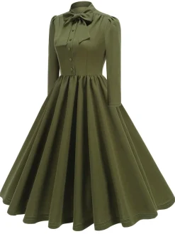 Fashion Retro Stage 1950s Solid Bow Collar Buttoned Swing Dress