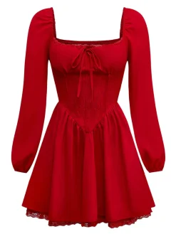 Sale Retro Stage 1950s Solid Bow Tie Lace Gothic Dress