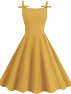 Online Retro Stage 1950s Solid Bowknot Sleeveless Square Neck Dress