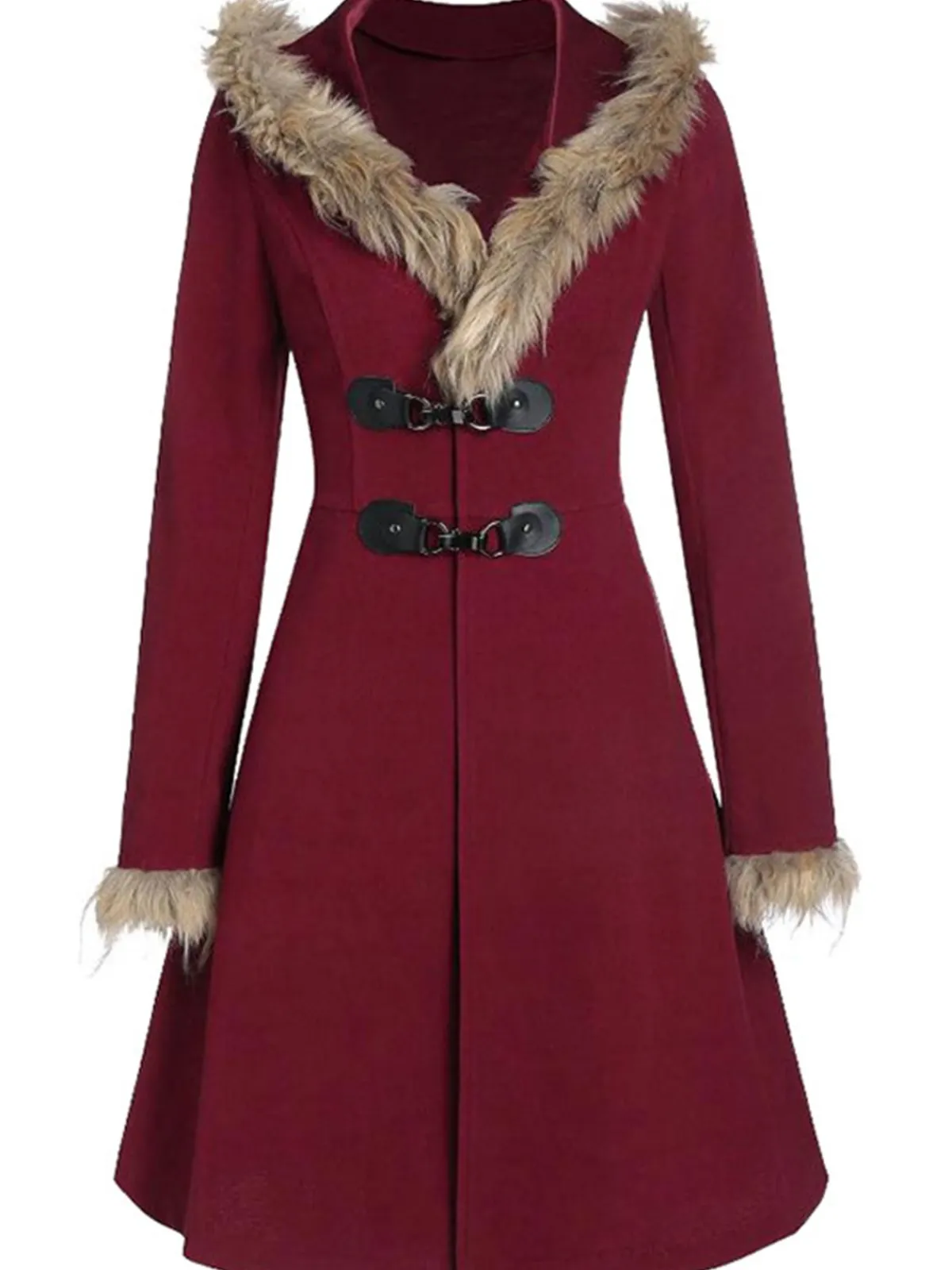 New Retro Stage 1950s Solid Buckle Fur Trimmed Coat