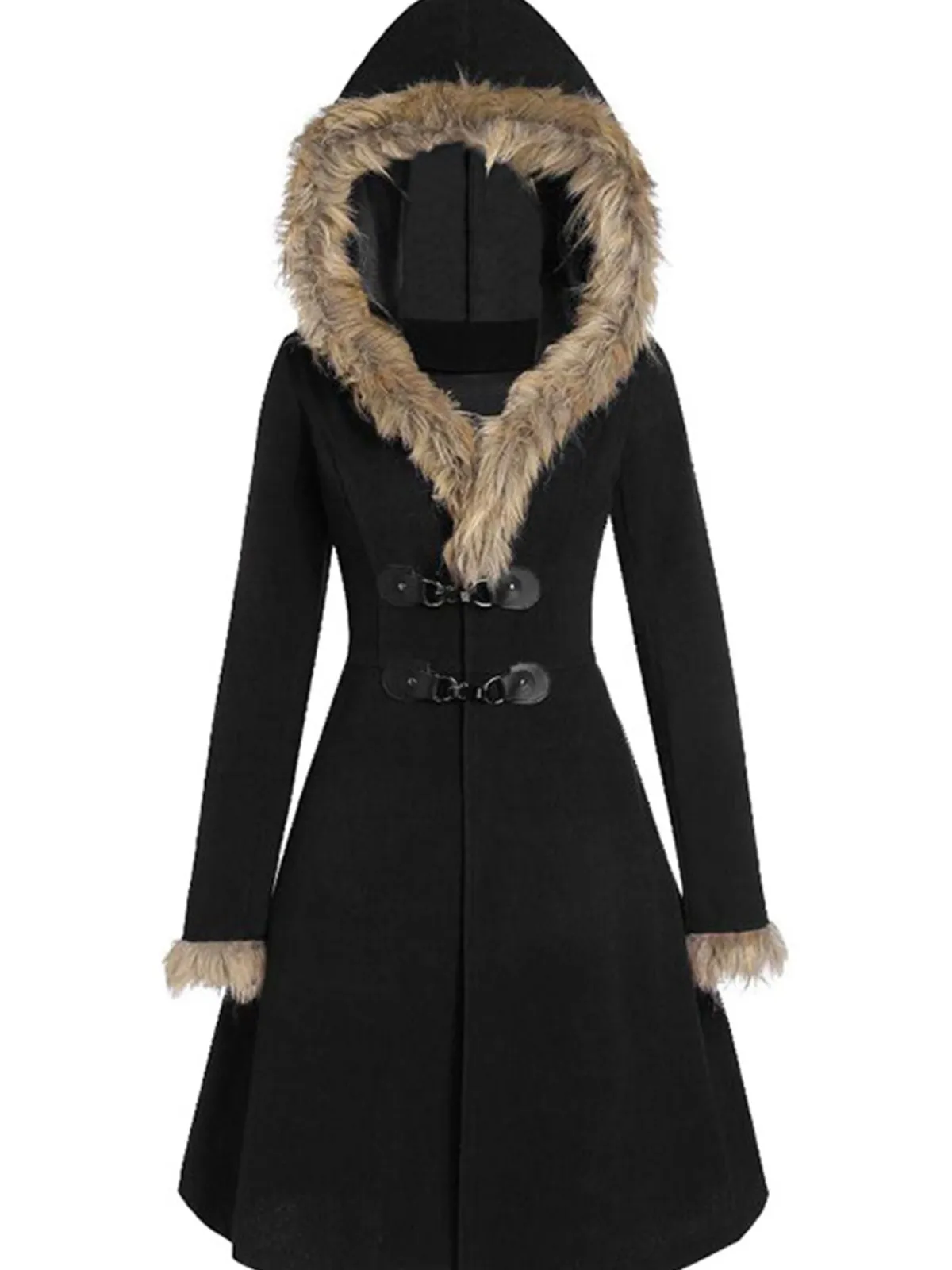 Discount Retro Stage 1950s Solid Buckle Fur Trimmed Coat