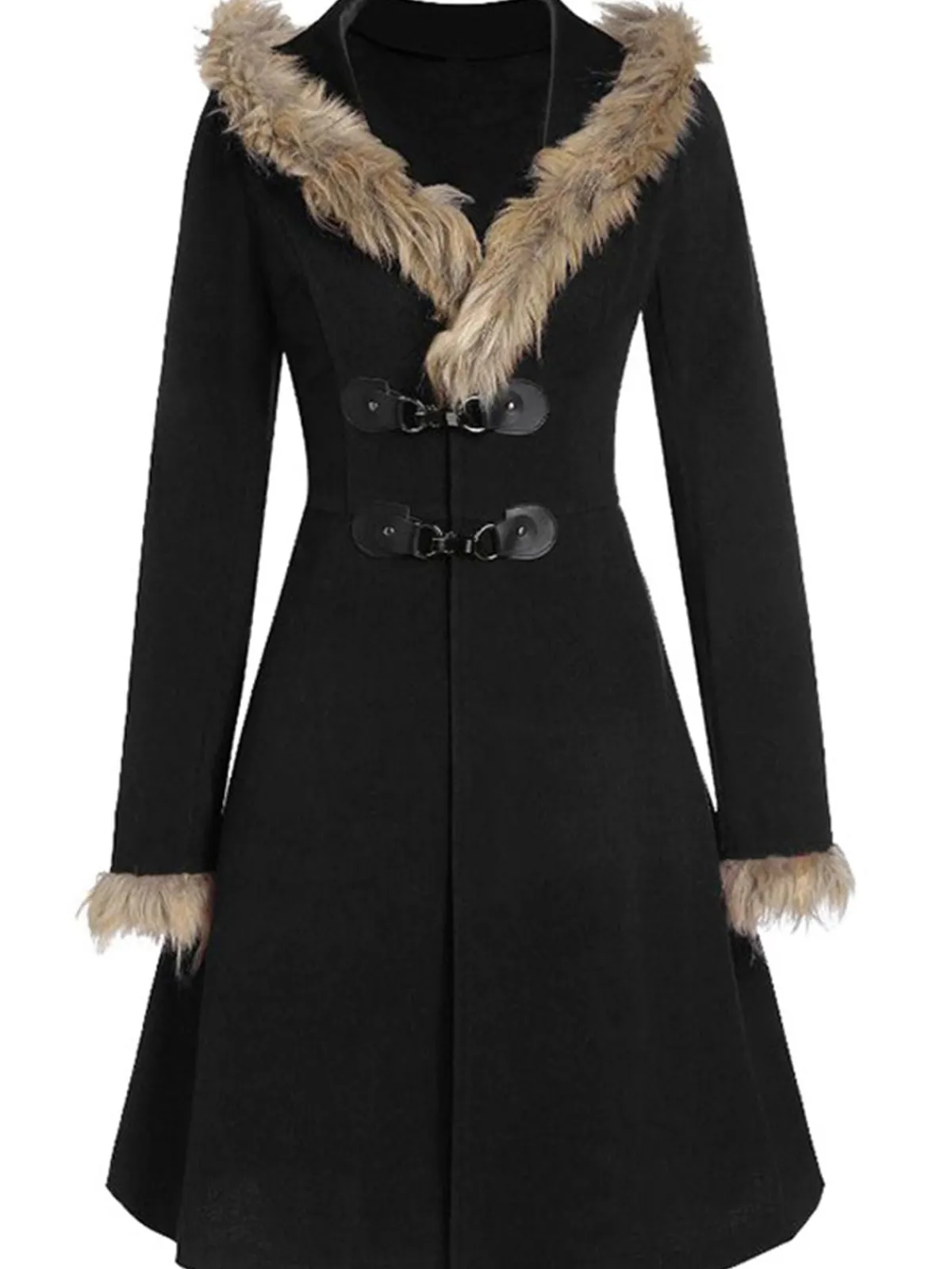 Discount Retro Stage 1950s Solid Buckle Fur Trimmed Coat