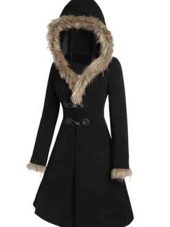 Discount Retro Stage 1950s Solid Buckle Fur Trimmed Coat
